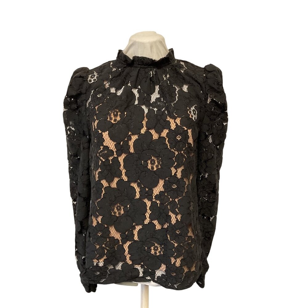 WAYF Black Floral Lace Long-Sleeve Top With High Neck & Tie Back